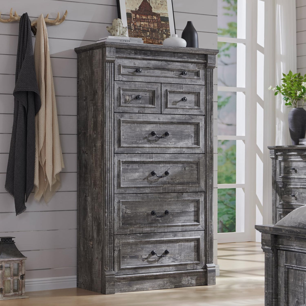 Aitjunz Farmhouse 46" Tall 5 Drawers Dresser for Bedroom, Antique White