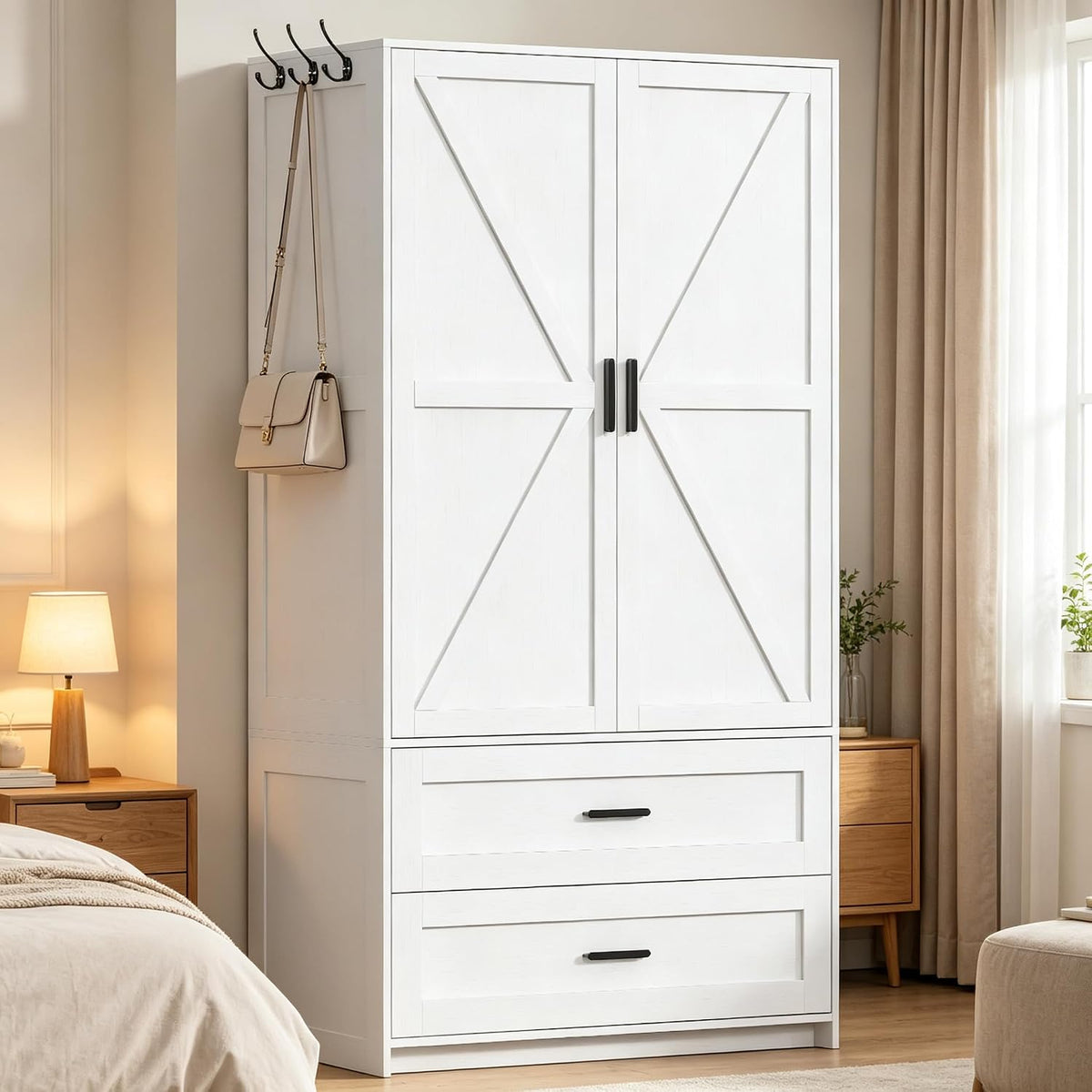VVFLU 2 Doors Armoire Wardrobe with Mirror Motion Sensor LED Lights Wooden Bedroom Armoire with Removable Hanging Rod. Large Modern White Closet Equipped with 2 Drawers.