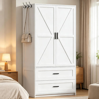 VVFLU 2 Doors Armoire Wardrobe with Mirror Motion Sensor LED Lights Wooden Bedroom Armoire with Removable Hanging Rod. Large Modern White Closet Equipped with 2 Drawers.