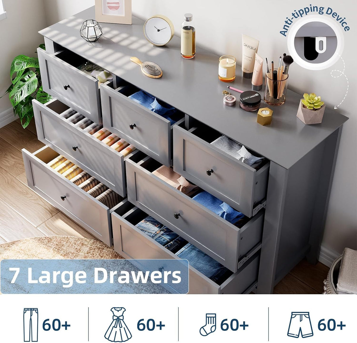 Garvee Grey 7-Drawer Dresser for Bedroom, 54" Entryway Storage Organizer