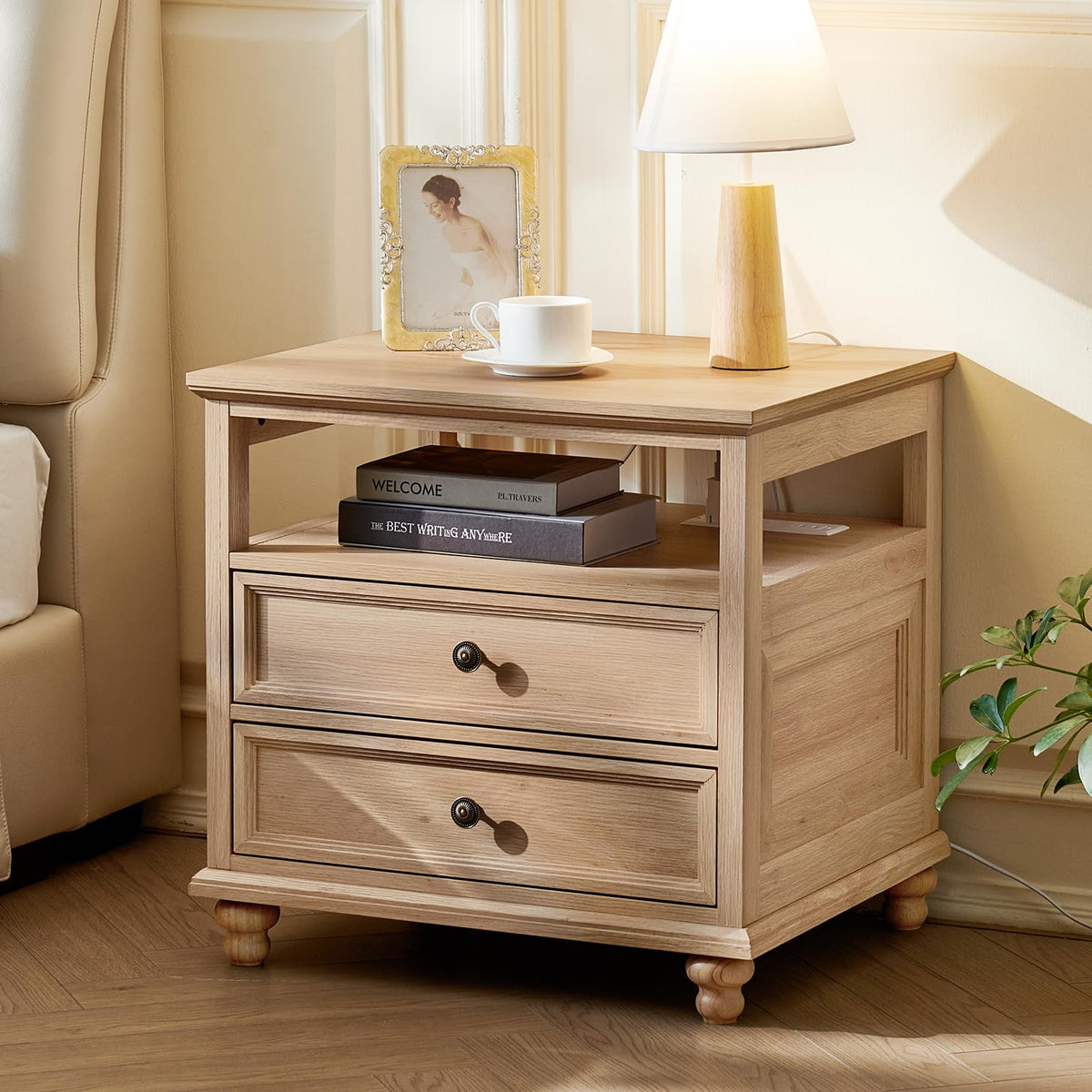 Joaxswe 24" Wide Farmhouse Night Stand Set of 2,Large End Table with 3 Drawers & Metal Handle,Wood Dresser for Bedroom,Bed Side Table Chest of Drawers Cabinet,Natural Nightstand for Living Room,Closet