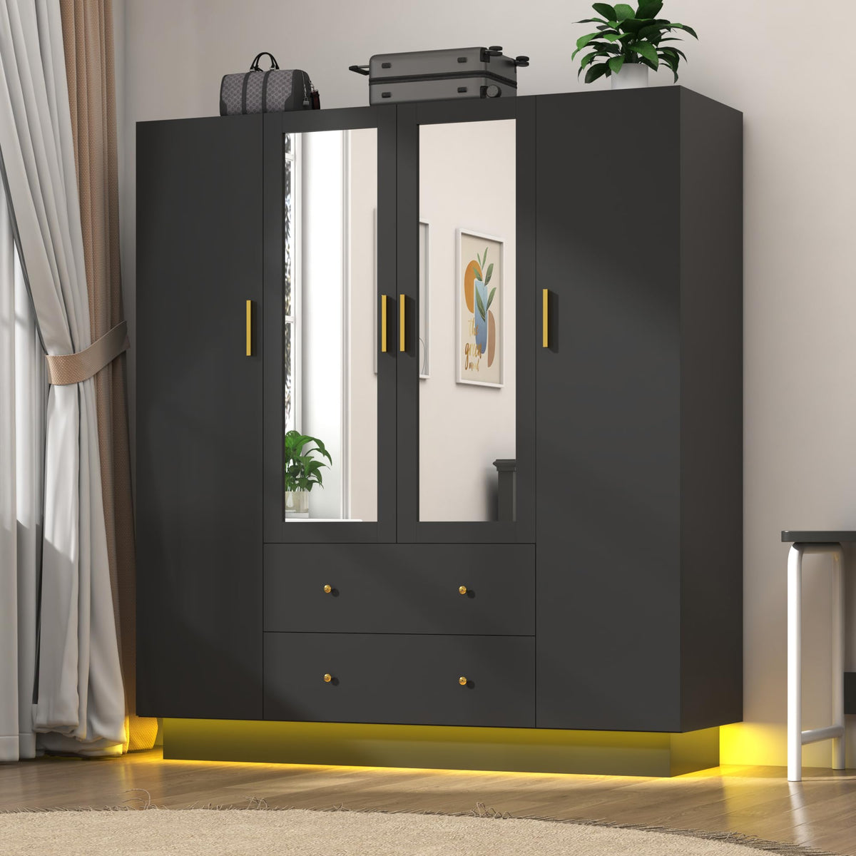 jiteentarou 3 Door Wardrobe Closet with Mirror and LED Lights, Bedroom Armoire with Drawers Shelves, Modern Wooden Armoire Wardrobe Closet with Hanging Rod for Bedroom, Black