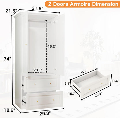 White Armoire Wardrobe Closet with 2 Drawers, 74" Tall x 32" Wide