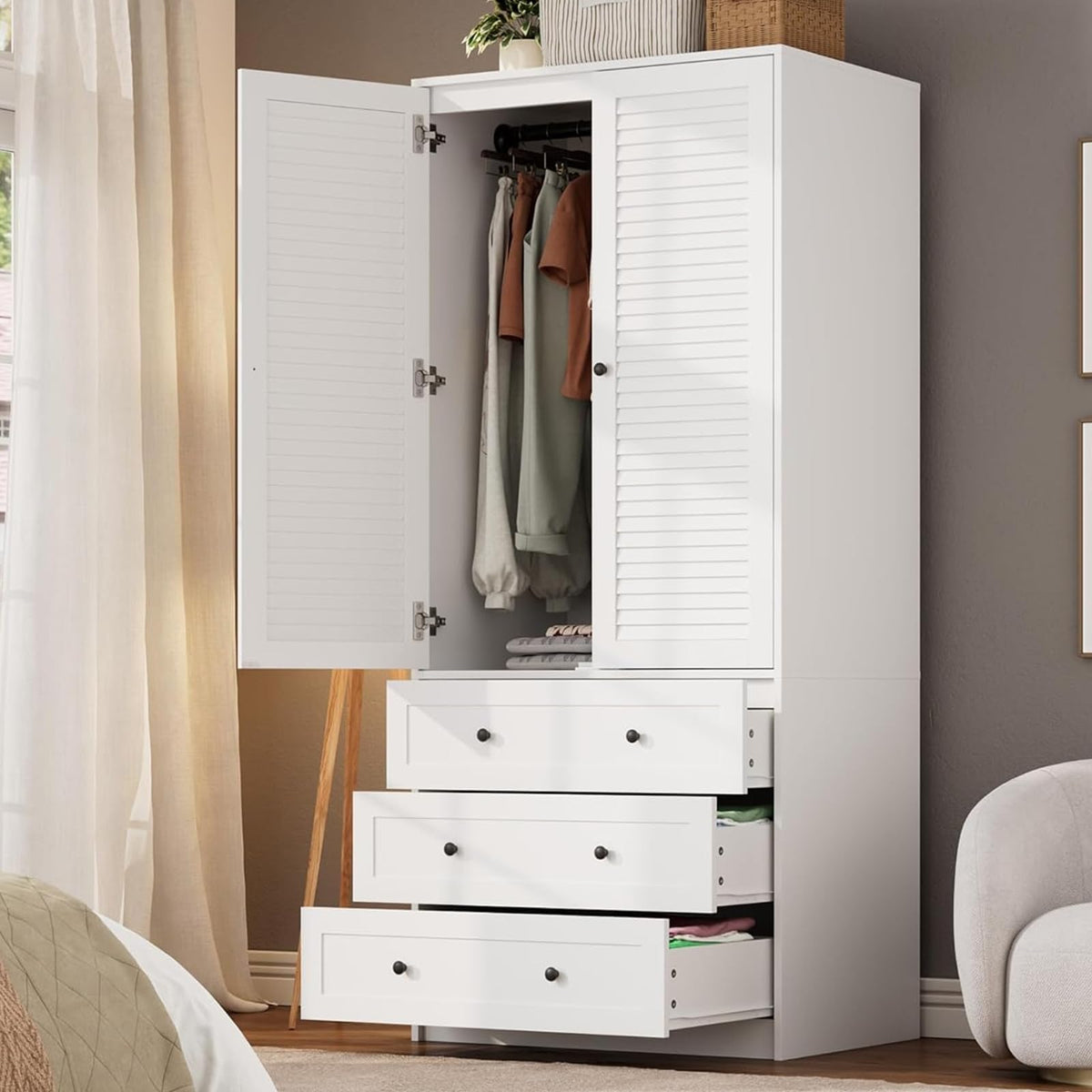 GarveeHome 70" Wardrobe Armoire Wooden Closet with 3 Drawers, Black