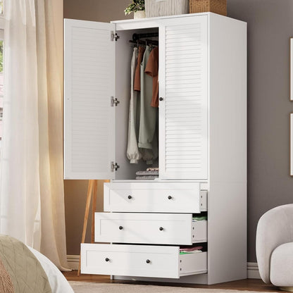 GarveeHome 70" Wardrobe Armoire Wooden Closet with 3 Drawers, Black