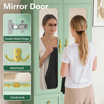 Armoire Wardrobe Closet, Green Bedroom Armoires Cabinet with Mirror Door and 6 Drawers, 69.5" H Wood Clothing Storage Cabinet with Hanging Rod & Sensor Light for Bedroom-(Left+Right)