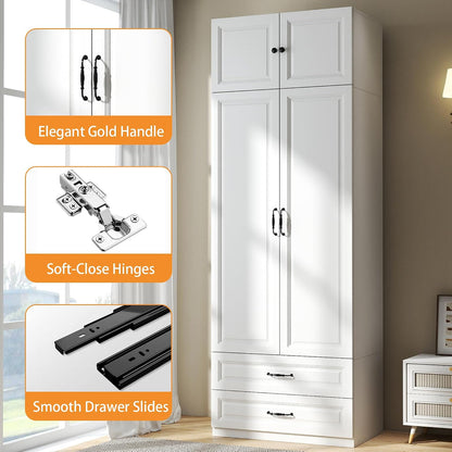 Armoire Wardrobe Closet with Drawers: 31.5" Large Wood Wardrobe Closet with 2 Doors and 2 Drawers, Modern Clothes Storage Cabinet for Bedroom Armoire with Shelves (White, 31.5")