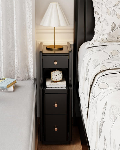Solid Wood Narrow Nightstand with 3 Drawers,Modern White,Fully Assembled