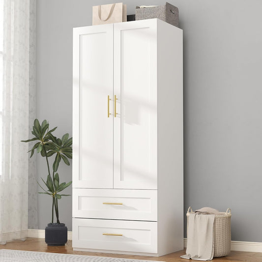 White Armoire Wardrobe Closet with 2 Drawers, 75" Tall x 31.5" Wide