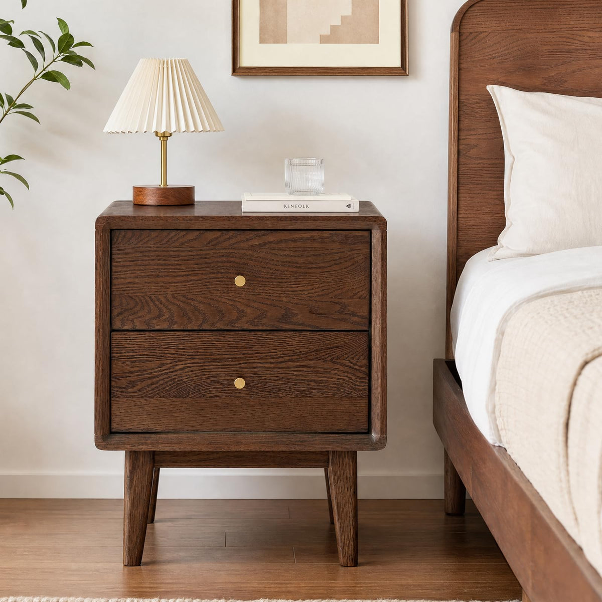 Solid Oak Wood Nightstand Set of 2, Natural Wood Nightstand with 2 Drawers, Mid Century Modern Night Stand, Wood Bedside Table Set of 2, Small Night Stand for Bedroom(19.69" H)