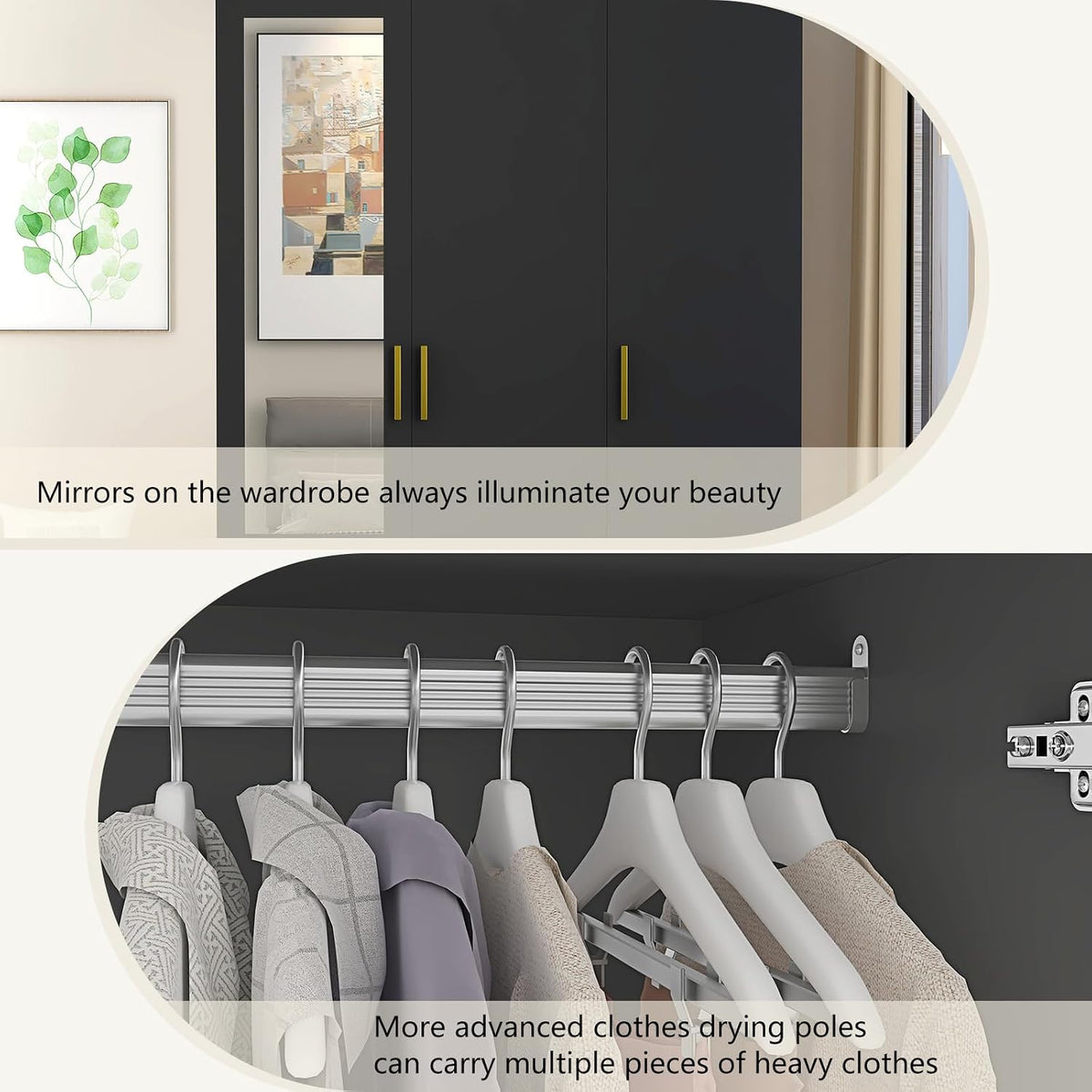 jiteentarou 3 Door Wardrobe Closet with Mirror and LED Lights, Bedroom Armoire with Drawers Shelves, Modern Wooden Armoire Wardrobe Closet with Hanging Rod for Bedroom, Black