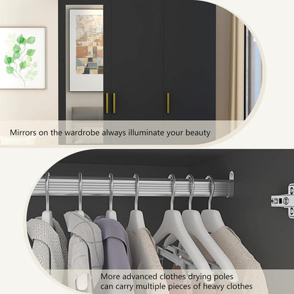 jiteentarou 3 Door Wardrobe Closet with Mirror and LED Lights, Bedroom Armoire with Drawers Shelves, Modern Wooden Armoire Wardrobe Closet with Hanging Rod for Bedroom, Black
