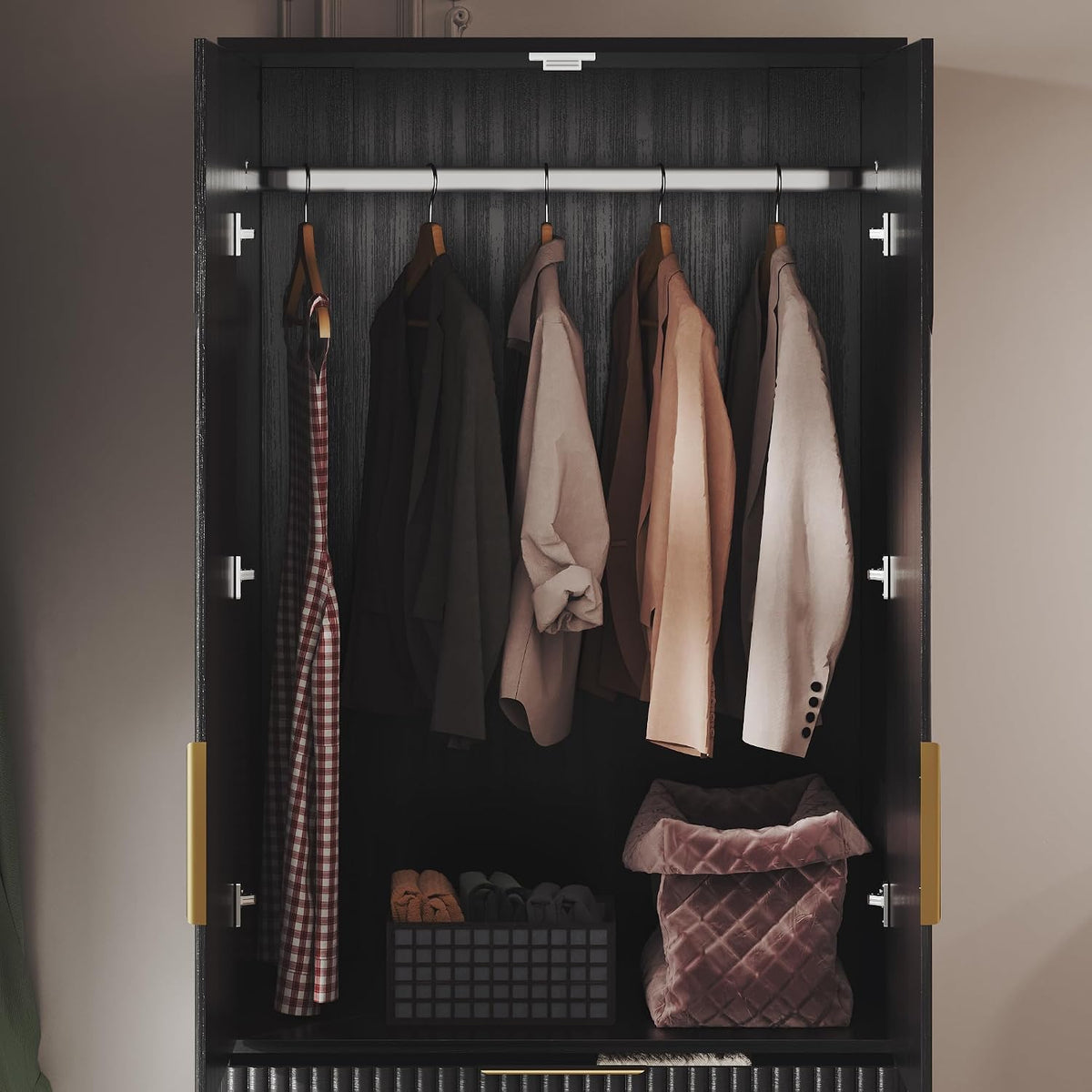 TOKSOM 70" Wardrobe Armoire Wooden Closet with 2 Doors and 3 Drawers, Bedroom Armoire with Hanging Rod Shelf, Large Capacity Storage Wardrobe Armoire, Freestanding Wooden Closet Storage Cabinet Black