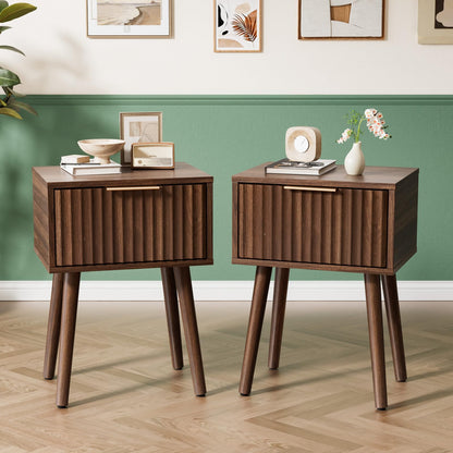 VINGLI Black Nightstands Set of 2 with Fabric Drawers, Fluted Nightstands with Charging Station, Night Stand Set of 2, Small Bedside Table, Bed Side Table/Night Stand with Charging Station for Bedroom
