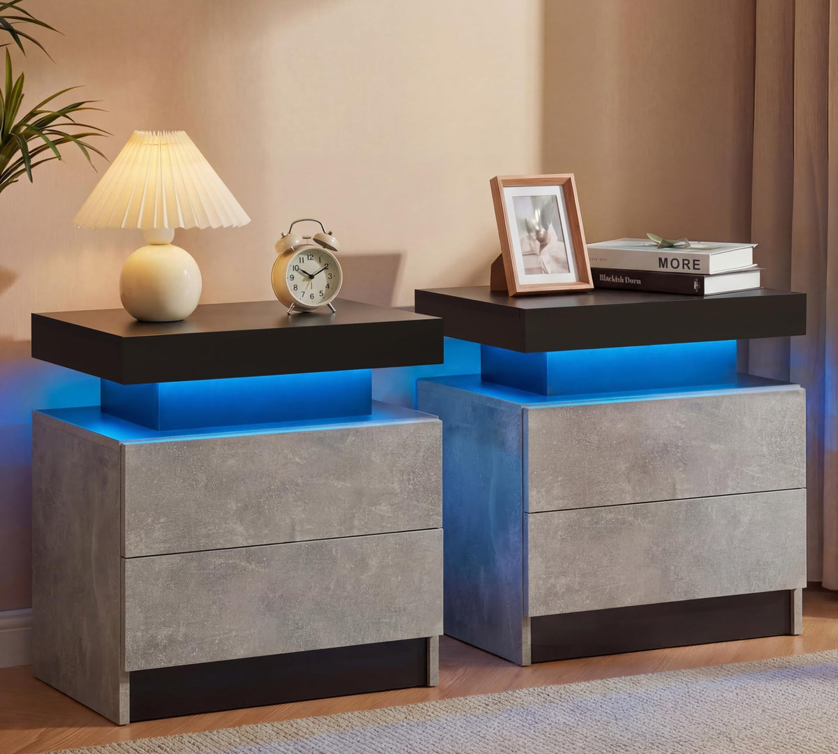 i-aplus Black Modern LED Nightstand Set of 2 with 2 Wood Drawer for Bedroom