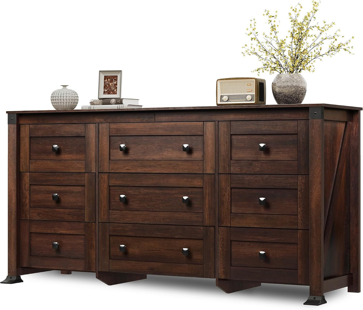 WLIVE Brown Dresser for Bedroom, 9 Drawer Wooden Chest of Drawers with SGS-Tested Anti-Tip Design, 62 Inch Wide Rustic Dresser TV Stand for Living Room, Hallway and Closet, Large Storage Cabinet
