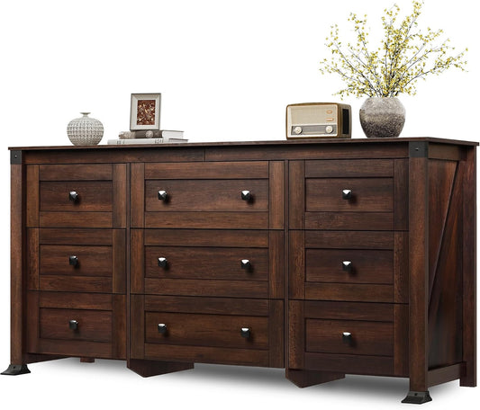WLIVE Brown Dresser for Bedroom, 9 Drawer Wooden Chest of Drawers with SGS-Tested Anti-Tip Design, 62 Inch Wide Rustic Dresser TV Stand for Living Room, Hallway and Closet, Large Storage Cabinet