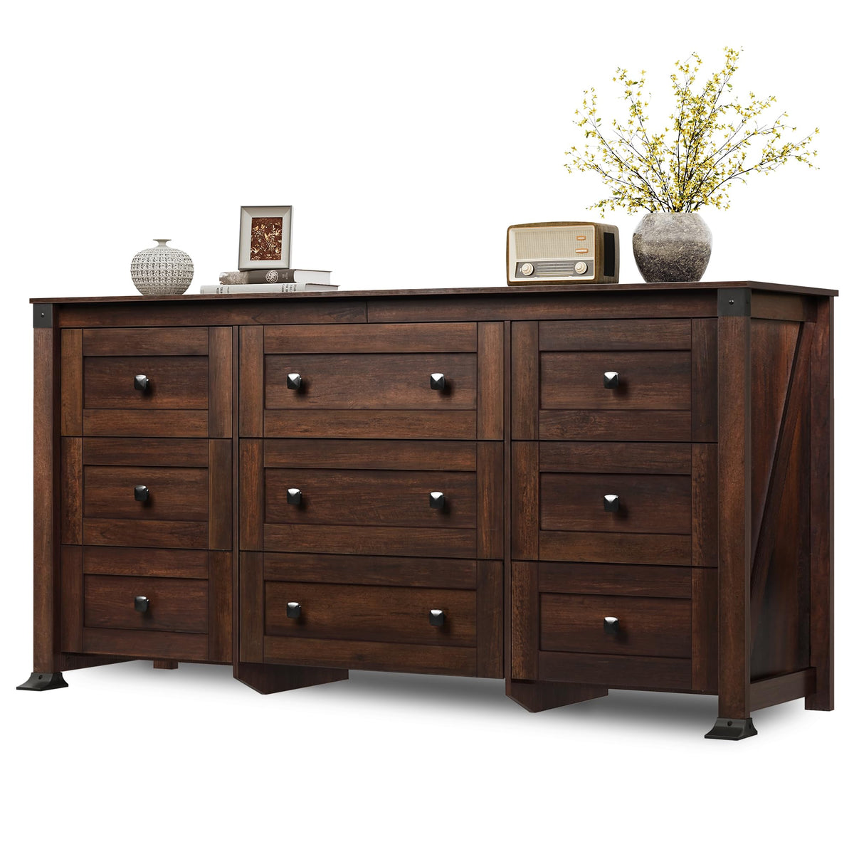 WLIVE Brown Dresser for Bedroom, 9 Drawer Wooden Chest of Drawers with SGS-Tested Anti-Tip Design, 62 Inch Wide Rustic Dresser TV Stand for Living Room, Hallway and Closet, Large Storage Cabinet