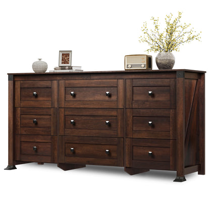 WLIVE Brown Dresser for Bedroom, 9 Drawer Wooden Chest of Drawers with SGS-Tested Anti-Tip Design, 62 Inch Wide Rustic Dresser TV Stand for Living Room, Hallway and Closet, Large Storage Cabinet