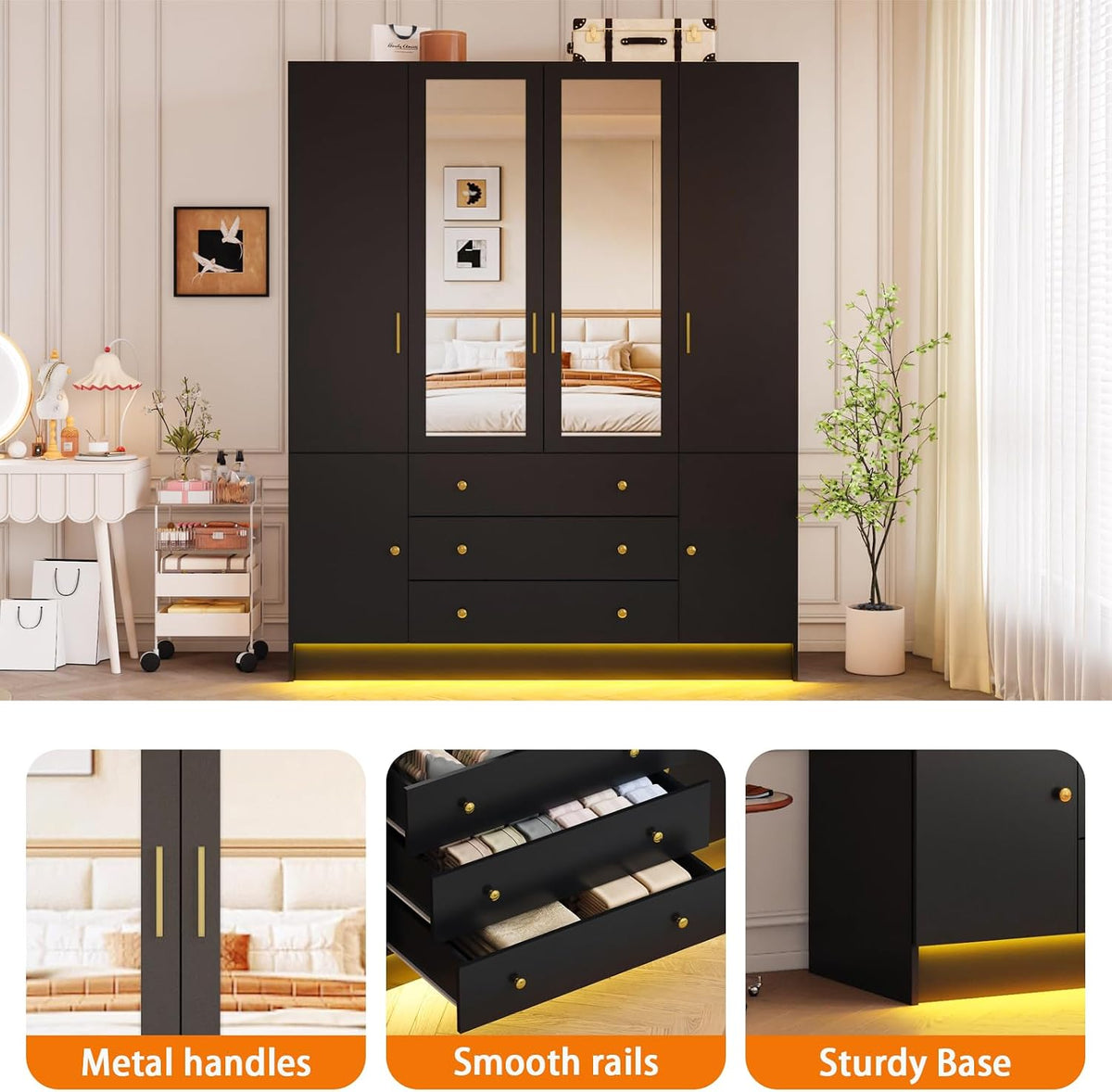 4 Doors LED Armoire Wardrobe Closet with Mirror, 75" Tall Modern Wooden Wardrobe Closet with 3 Drawers, Freestanding Clothing Storage Cabinet with Hanging Rod, Adjustable Shelves, Black