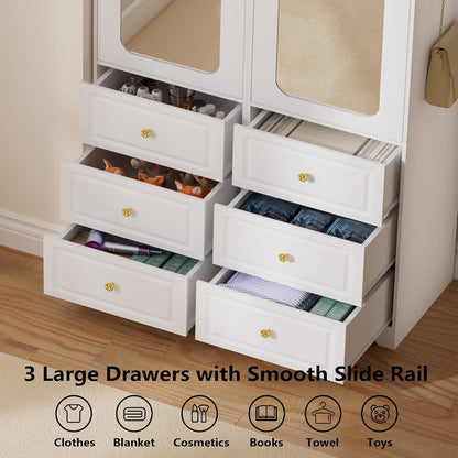 Armoire Wardrobe Closet, White Bedroom Armoires Cabinet with Mirror Door and 6 Drawers, 15.7" W/69.5" H Clothing Storage Cabinet with Hanging Rod & Sensor Light for Bedroom-Left+Right