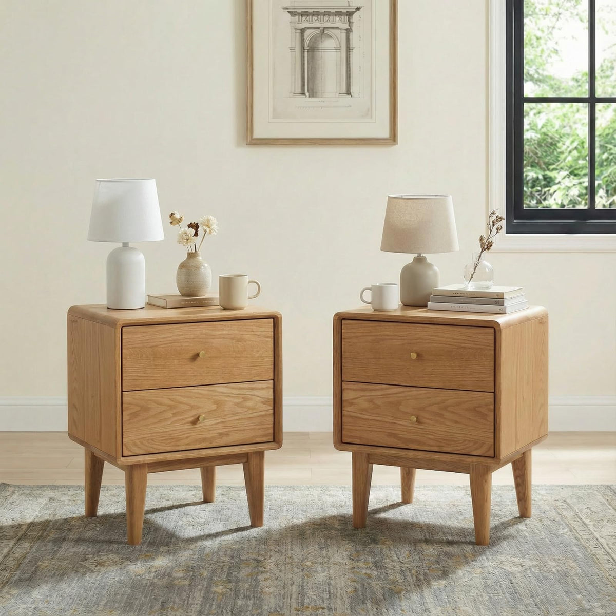 Solid Oak Wood Nightstand Set of 2, Natural Wood Nightstand with 2 Drawers, Mid Century Modern Night Stand, Wood Bedside Table Set of 2, Small Night Stand for Bedroom(19.69" H)