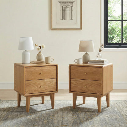 Solid Oak Wood Nightstand Set of 2, Natural Wood Nightstand with 2 Drawers, Mid Century Modern Night Stand, Wood Bedside Table Set of 2, Small Night Stand for Bedroom(19.69" H)