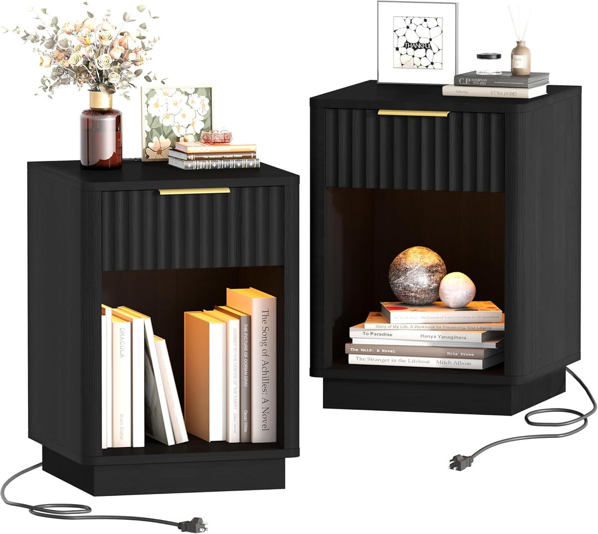 Akxomel Fluted Nightstand Set 2 Bedside Table with Charging Station Black