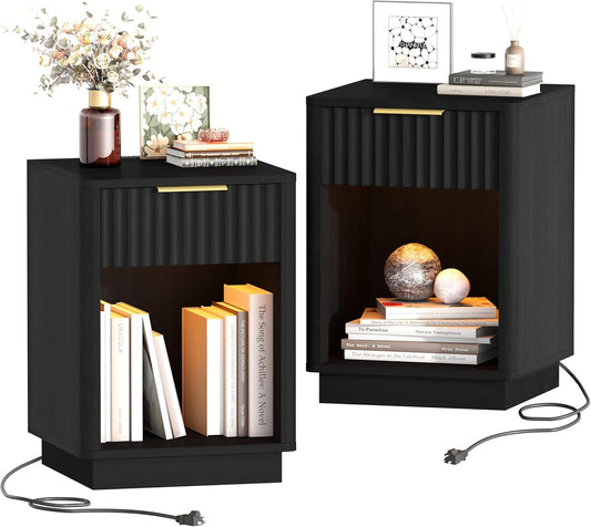 Akxomel Fluted Nightstand Set 2 Bedside Table with Charging Station Black