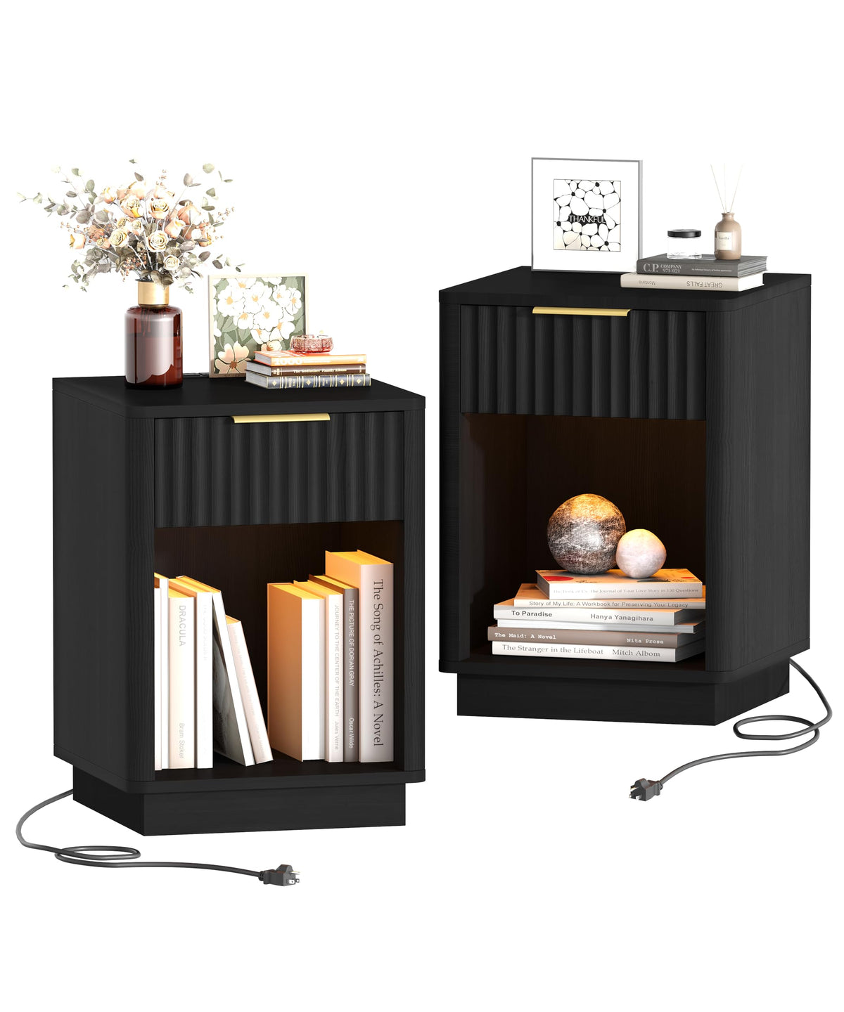 Akxomel Fluted Nightstand Set 2 Bedside Table with Charging Station Black