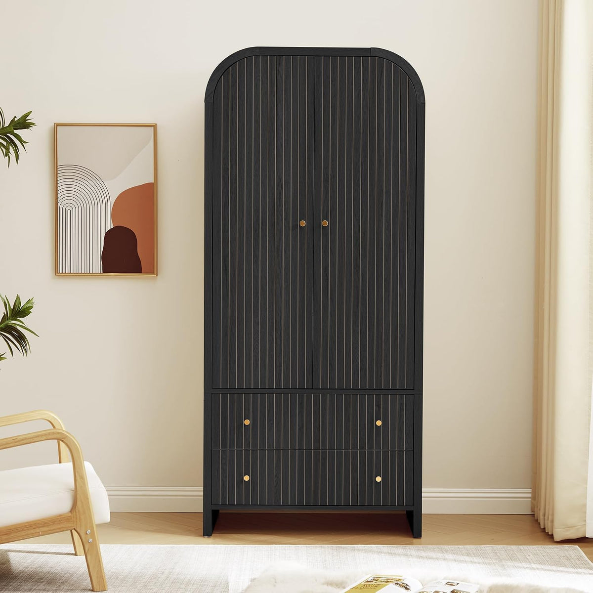LEVNARY Arched Armoire Wardrobe Closet, Mid-Century Modern 2-Door Freestanding Wardrobe with Hanging Rod and 2 Drawers, Fluted Carved Clothing Storage Cabinet for Bedroom (Black)