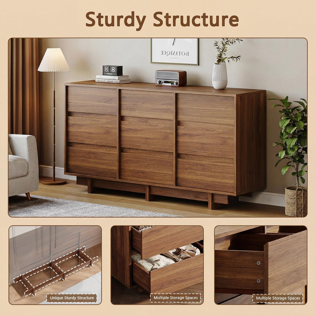 HOUROM Walnut Dresser for Bedroom, 59in Modern 9 Drawer Chest of Drawers