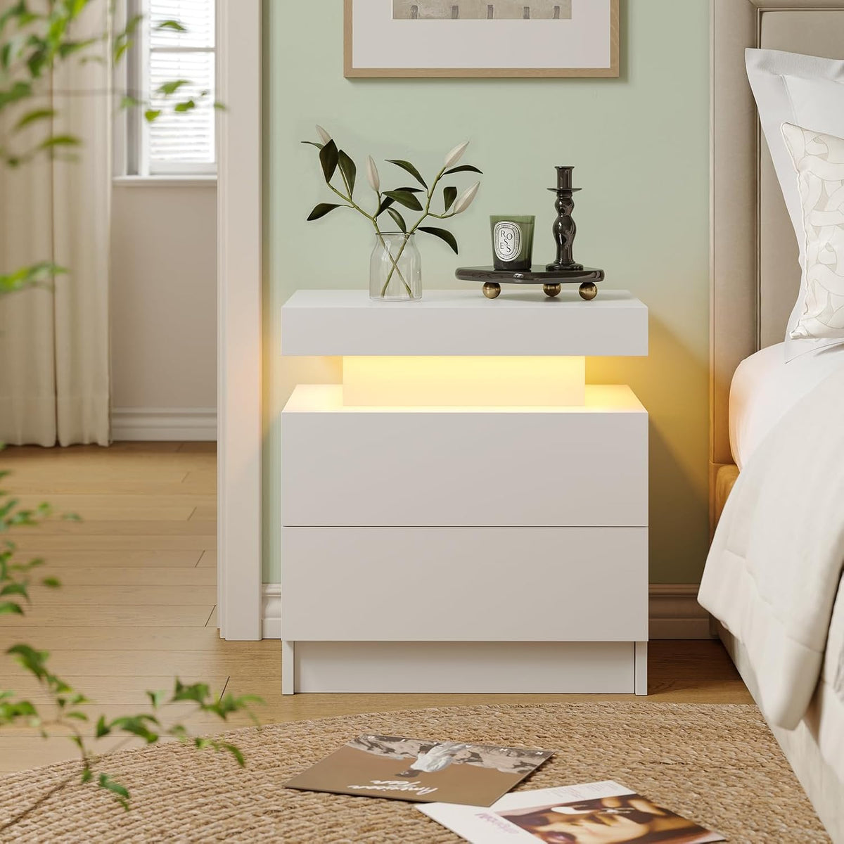 Modern White LED Nightstand for Bedroom Bedside Table with 2 Wood Drawers