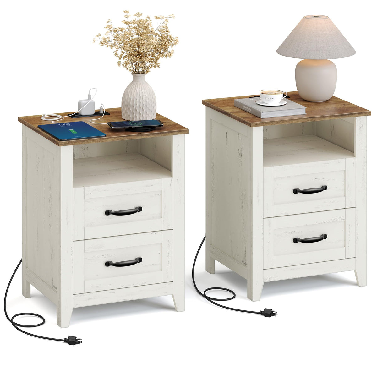 VASAGLE Set of 2 Nightstands with 2 Drawers and Charging Station