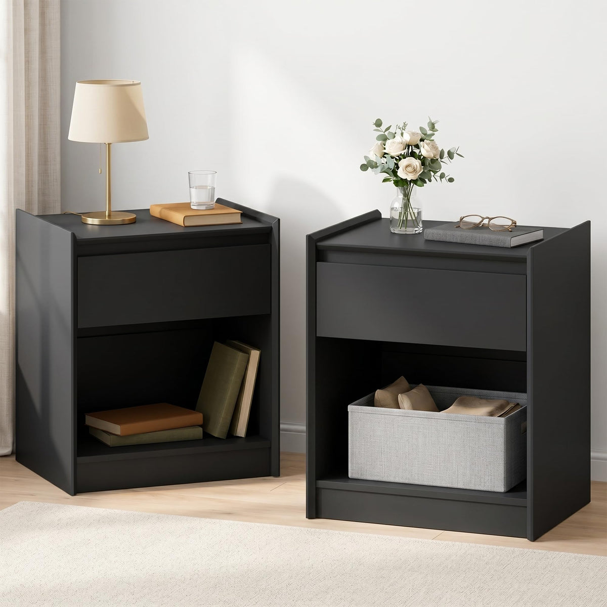 Black Nightstand with Charging Station, 24"H, 2 Drawers & Shelf