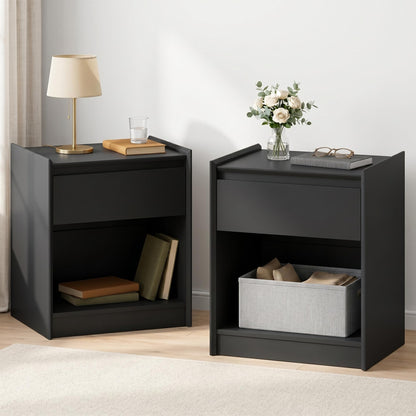 Black Nightstand with Charging Station, 24"H, 2 Drawers & Shelf
