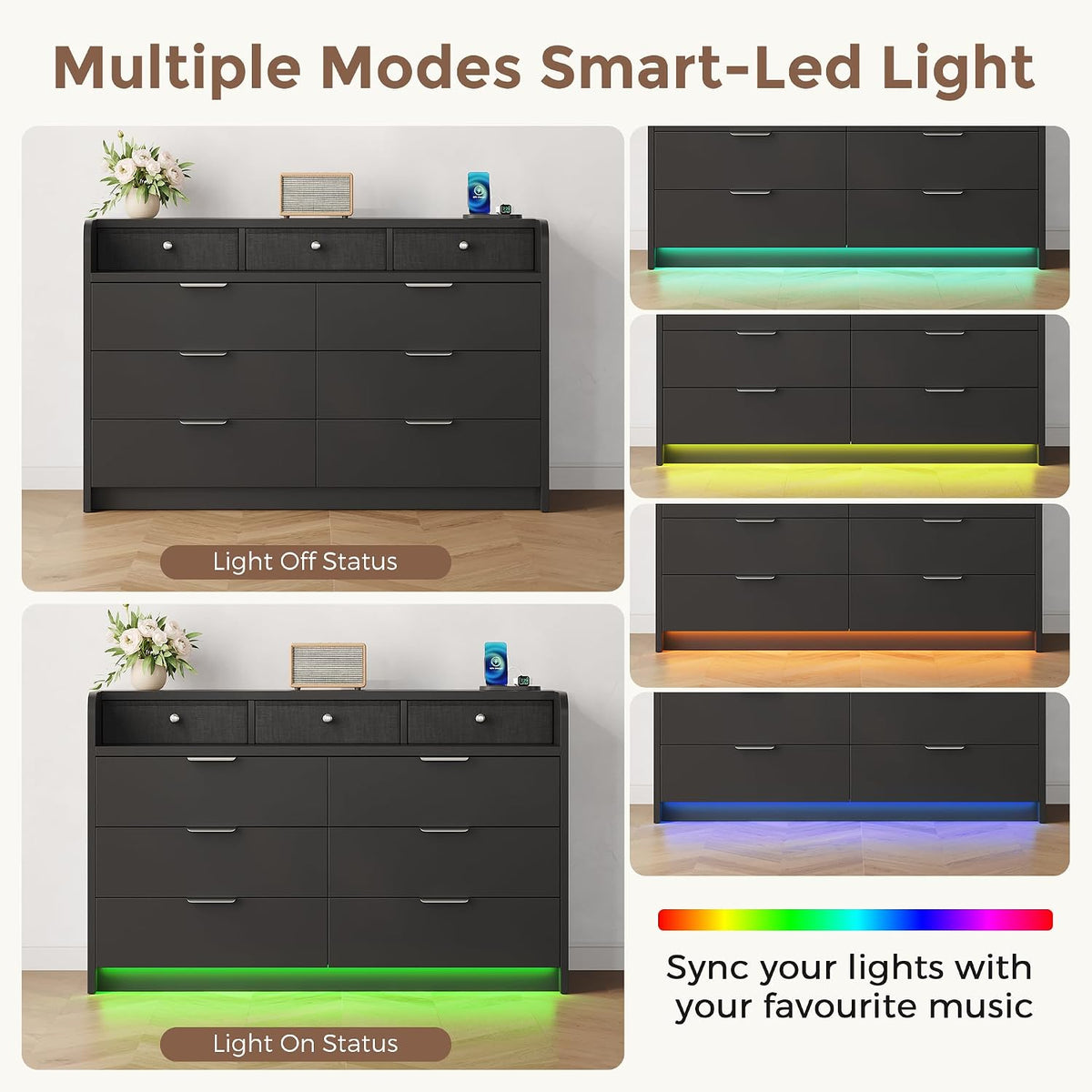 MapleGrace 53'' Wide 9 Drawer Dresser for Bedroom, Wood TV Stand Dresser with Power Outlets & LED Light, Chest of Drawers Closet Store Organizer for Living Room, Hallway, Black