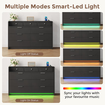 MapleGrace 53'' Wide 9 Drawer Dresser for Bedroom, Wood TV Stand Dresser with Power Outlets & LED Light, Chest of Drawers Closet Store Organizer for Living Room, Hallway, Black