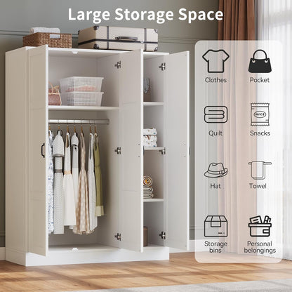 65" Tall Armoire Wardrobe Closet with Full Length Acrylic Mirror & Adjustable Shelves, 3-Door Closet Wardrobe Cabinet with Hanging Rod, Wooden Storage Cabinet for Bedroom, White