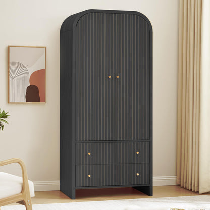 LEVNARY Arched Armoire Wardrobe Closet, Mid-Century Modern 2-Door Freestanding Wardrobe with Hanging Rod and 2 Drawers, Fluted Carved Clothing Storage Cabinet for Bedroom (Black)