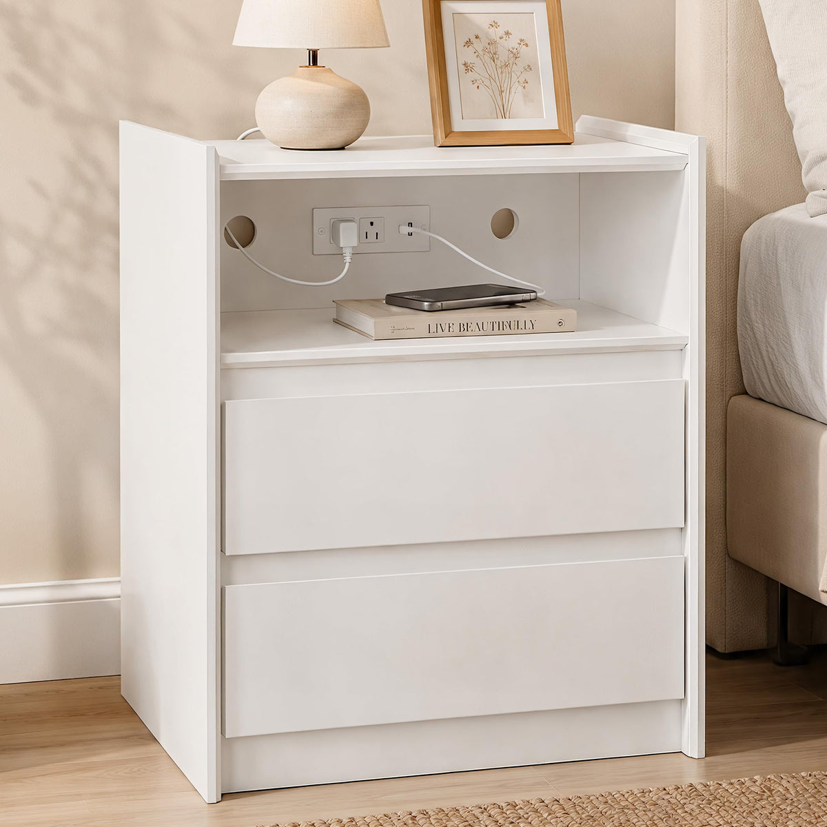 Black Nightstand with Charging Station, 24"H, 2 Drawers & Shelf
