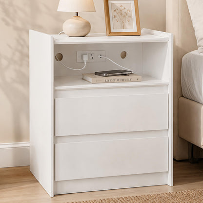 Black Nightstand with Charging Station, 24"H, 2 Drawers & Shelf