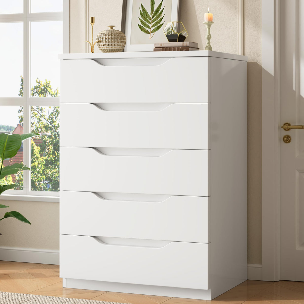 Jocoevol Brown 5 Drawer Dresser for Bedroom, Modern Tall Chest of Drawers