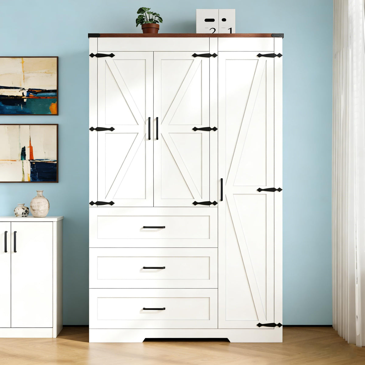 Farmhouse Wooden Armoire Storage Cabinet with Adjustable Shelves & Hanging Rod, 3 Doors Wardrobe Armoire Closet with Drawers, 70" Freestanding Clothing Storage Cabinet for Bedroom, Brown