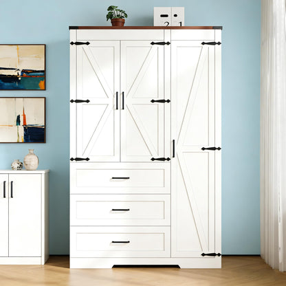 Farmhouse Wooden Armoire Storage Cabinet with Adjustable Shelves & Hanging Rod, 3 Doors Wardrobe Armoire Closet with Drawers, 70" Freestanding Clothing Storage Cabinet for Bedroom, Brown