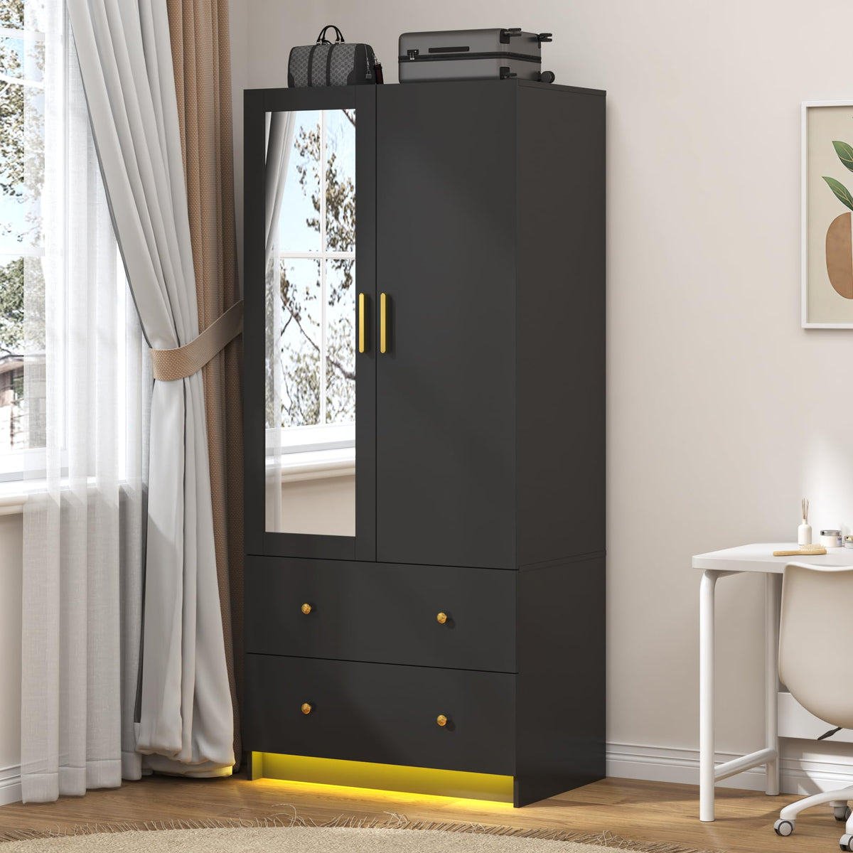 jiteentarou 3 Door Wardrobe Closet with Mirror and LED Lights, Bedroom Armoire with Drawers Shelves, Modern Wooden Armoire Wardrobe Closet with Hanging Rod for Bedroom, Black