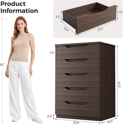 Jocoevol Brown 5 Drawer Dresser for Bedroom, Modern Tall Chest of Drawers
