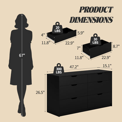 Furmax Dresser for Bedroom with 6 Drawers, 47.2" Modern Dressers, Black