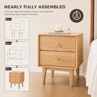 Solid Oak Wood Nightstand Set of 2, Natural Wood Nightstand with 2 Drawers, Mid Century Modern Night Stand, Wood Bedside Table Set of 2, Small Night Stand for Bedroom(19.69" H)