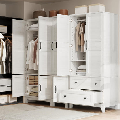 GarveeHome Armoire Wardrobe Closet with 2 Drawers,72 in Wooden Wardrobe Cabinet with Hanging Rod, Tall Clothing Armoire Cabinet with Doors and 18 Adjustable Shelves for Bedroom, Clothes, Rustic White